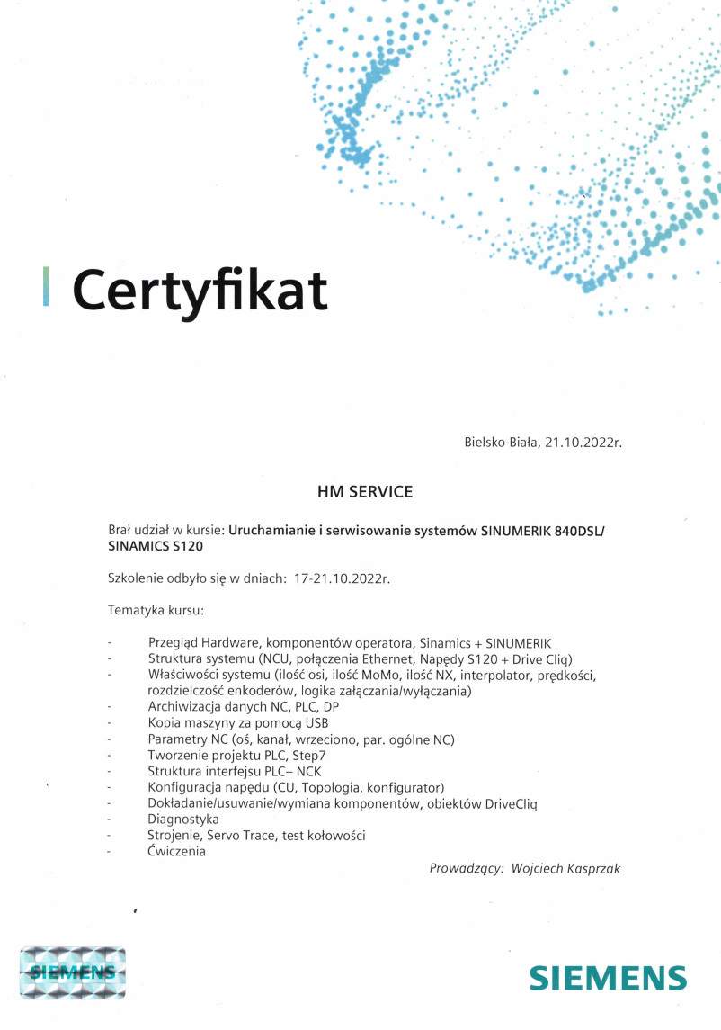 certyfikat HM SERVICE